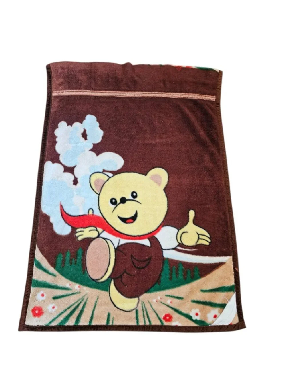 VTG Bear With Scarf Mink Baby Blanket‎ Kids Brown 39x55 Inches Velvet Trim